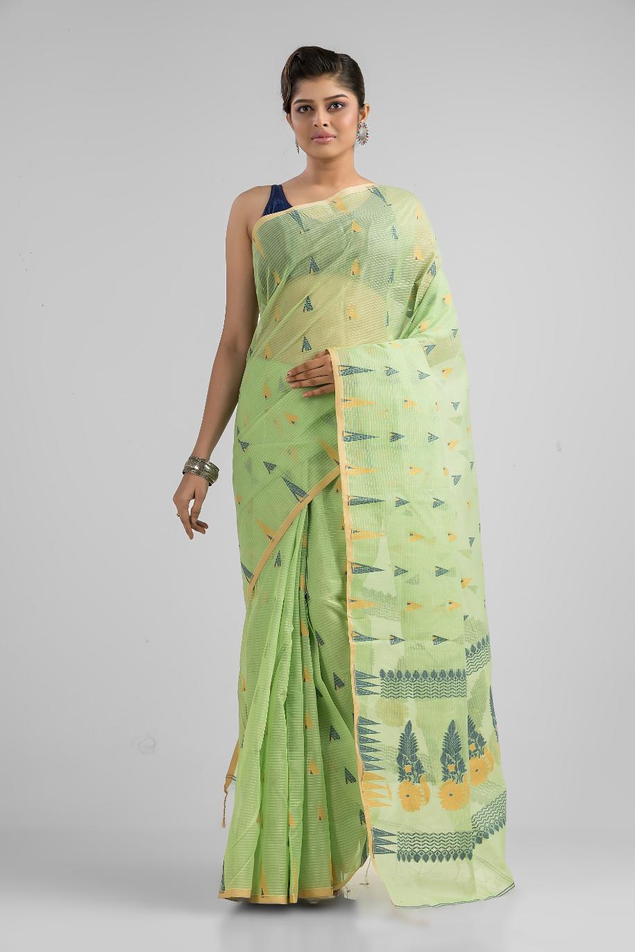 Green Blended Cotton Buti Work  Handloom Saree
