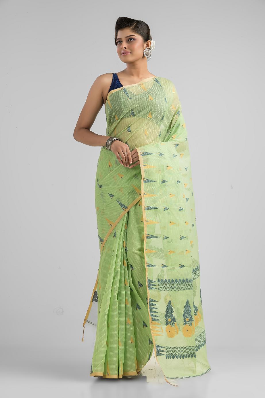 Green Blended Cotton Buti Work  Handloom Saree