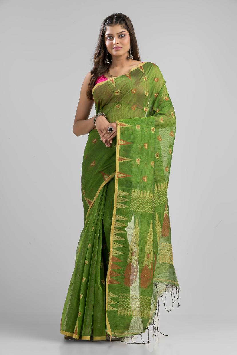 Green Blended Cotton Buti Work  Handloom Saree