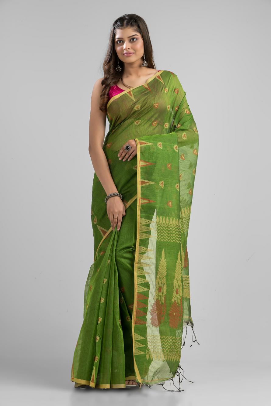 Green Blended Cotton Buti Work  Handloom Saree