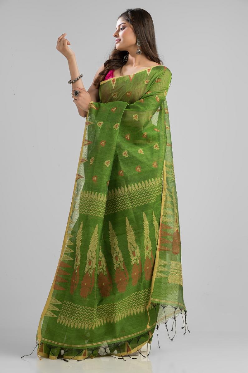 Green Blended Cotton Buti Work  Handloom Saree