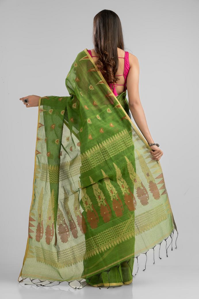 Green Blended Cotton Buti Work  Handloom Saree