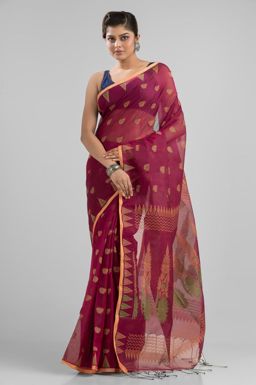 Maroon  Blended Cotton Buti Work  Handloom Saree