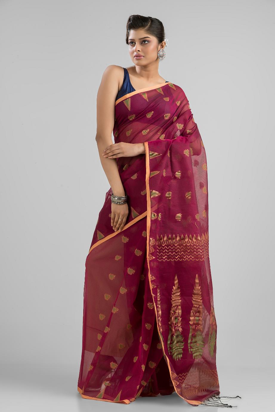 Maroon  Blended Cotton Buti Work  Handloom Saree