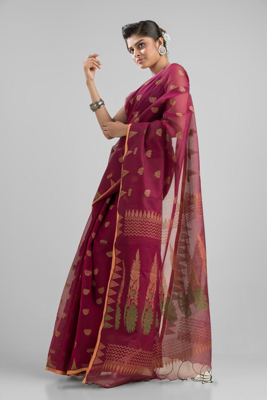 Maroon  Blended Cotton Buti Work  Handloom Saree