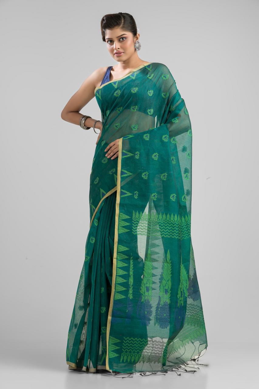 Teal   Blended Cotton Buti Work  Handloom Saree