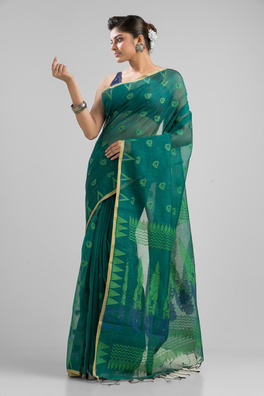 Teal   Blended Cotton Buti Work  Handloom Saree