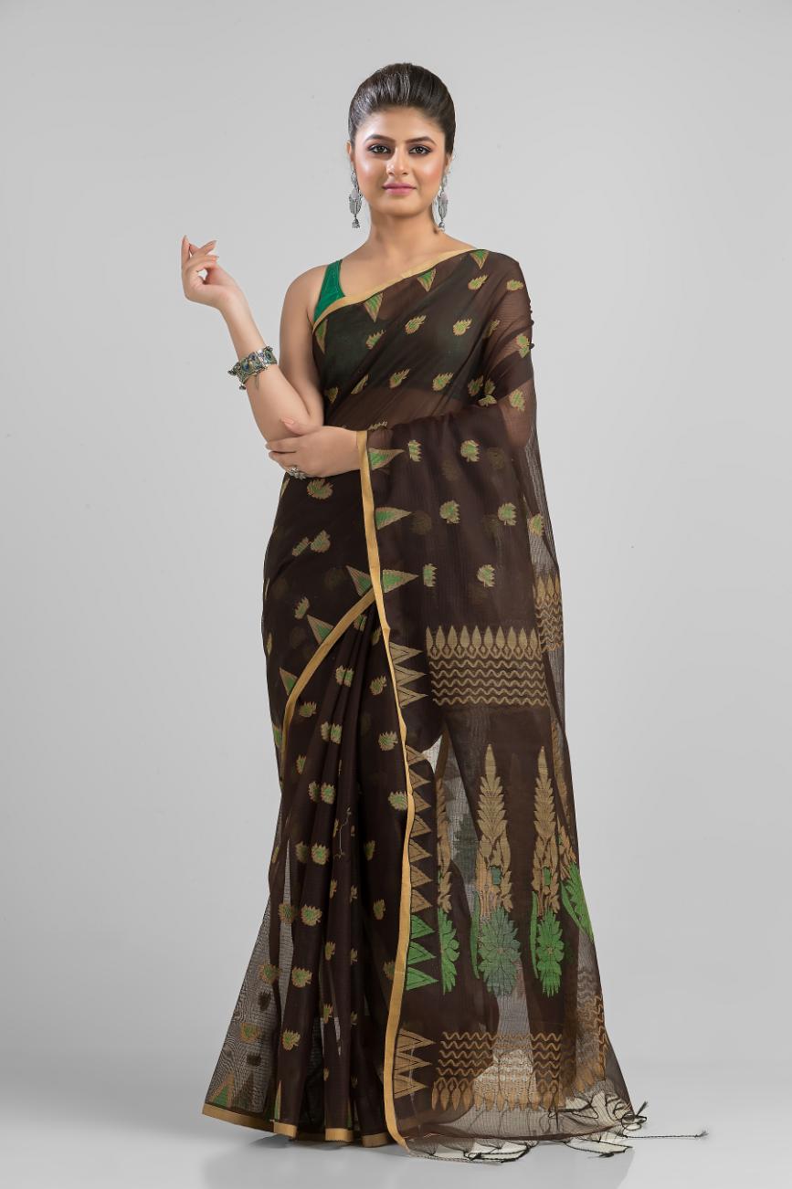 Black Blended Cotton Buti Work  Handloom Saree