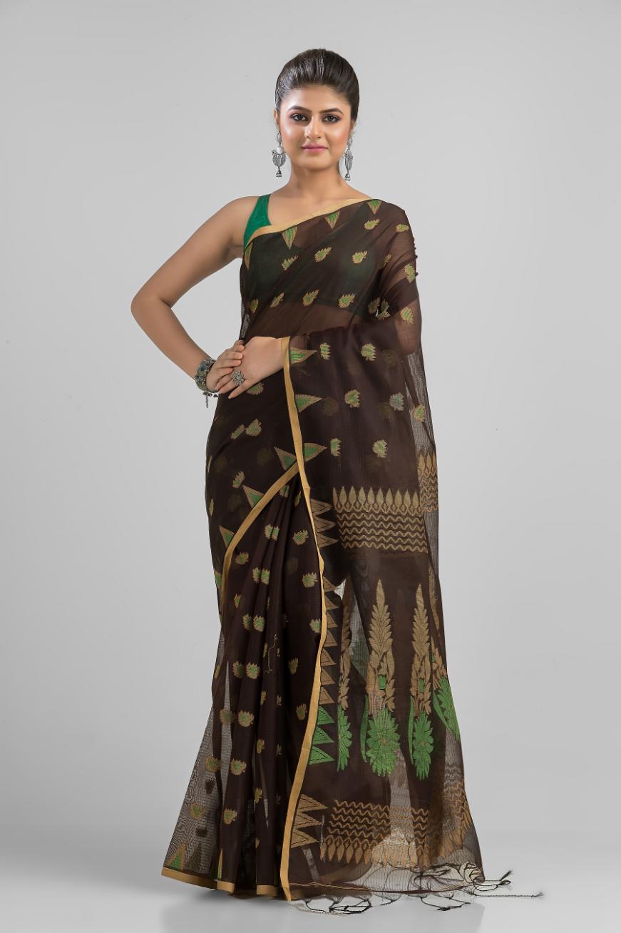 Black Blended Cotton Buti Work  Handloom Saree