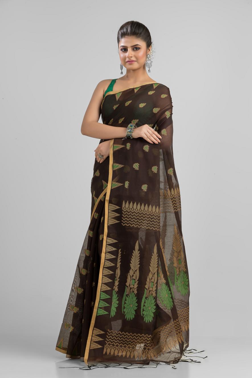 Black Blended Cotton Buti Work  Handloom Saree