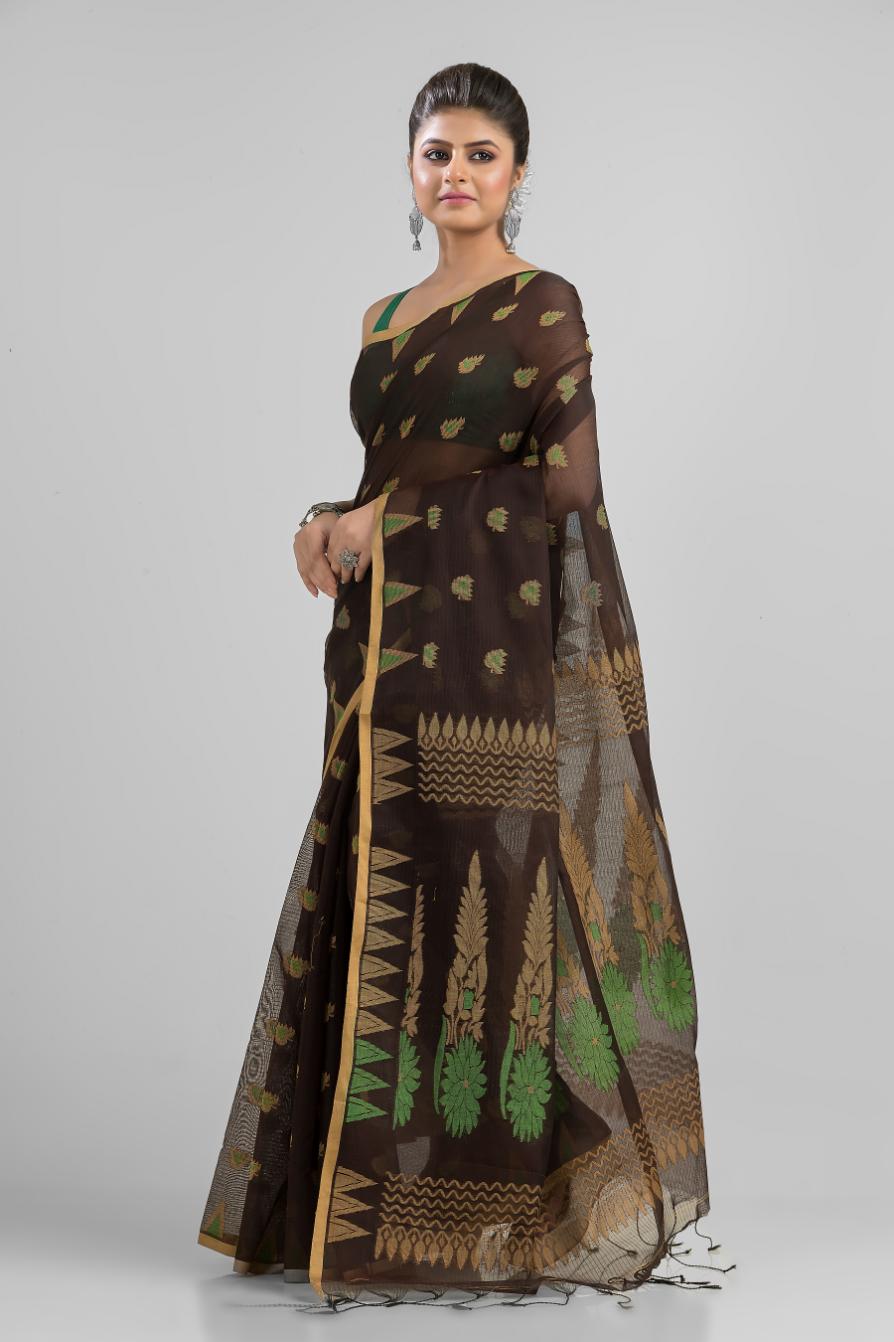 Black Blended Cotton Buti Work  Handloom Saree
