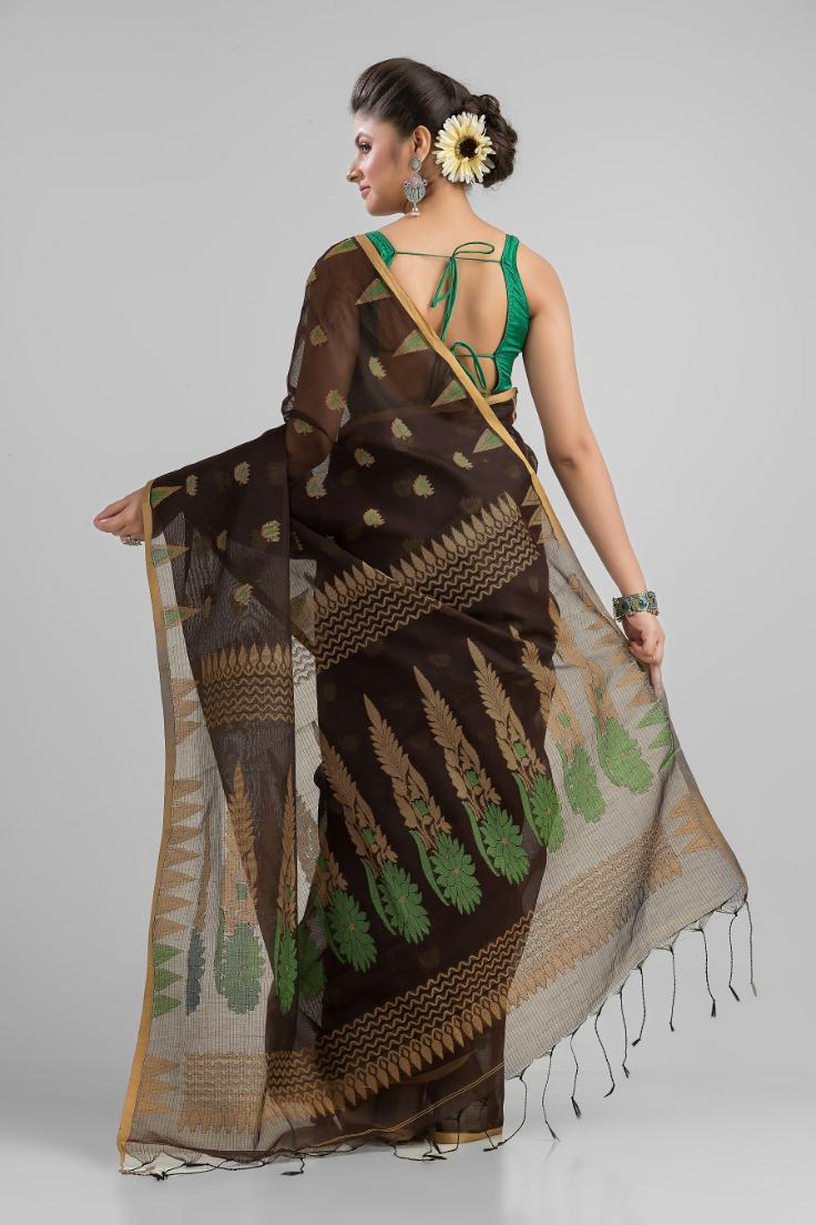 Black Blended Cotton Buti Work  Handloom Saree