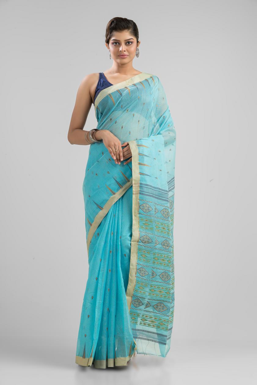 Sky Blue Blended Cotton Buti Work  Handloom Saree