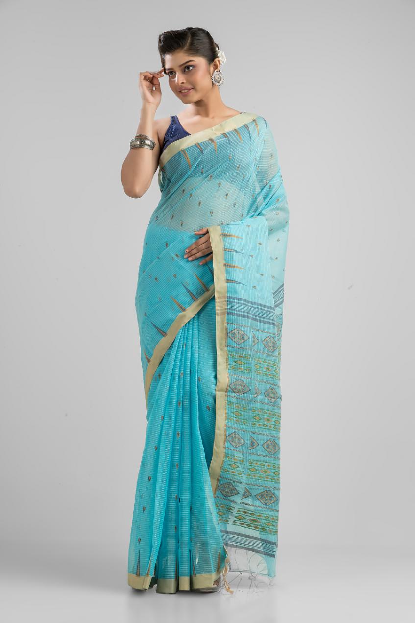 Sky Blue Blended Cotton Buti Work  Handloom Saree