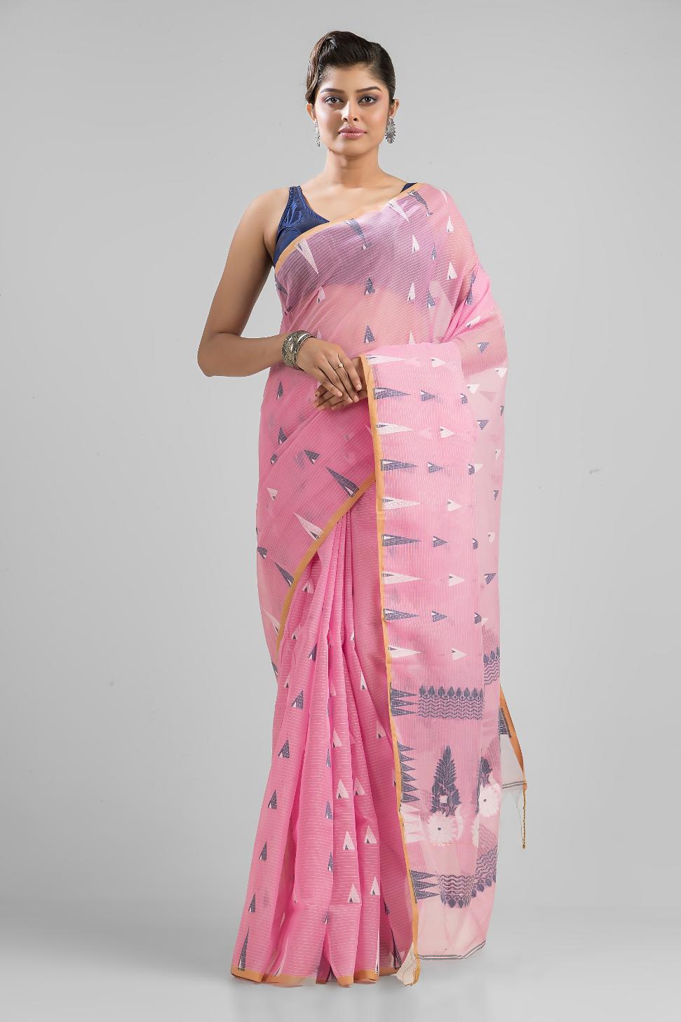 Pink  Blended Cotton Buti Work  Handloom Saree