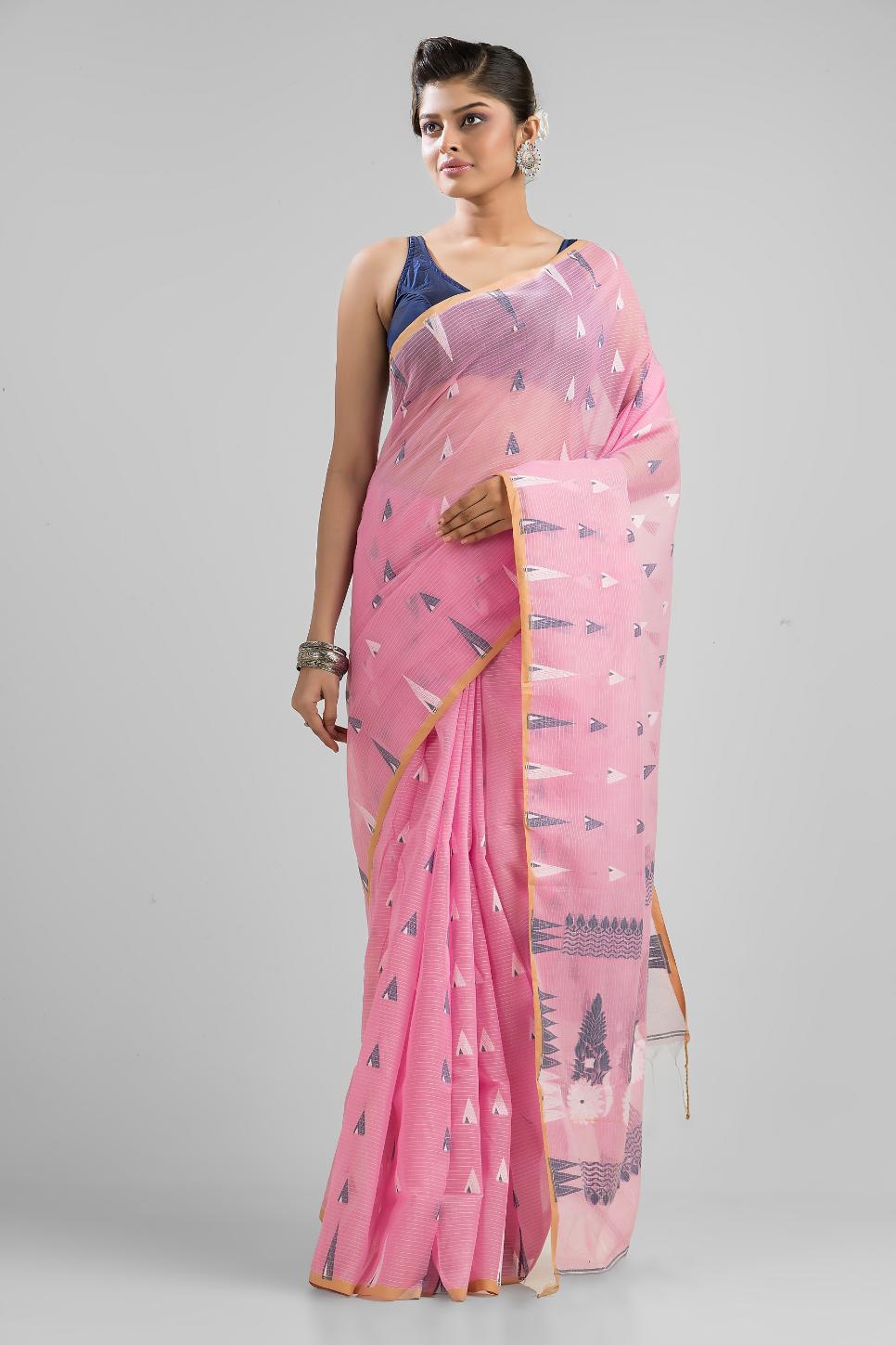 Pink  Blended Cotton Buti Work  Handloom Saree