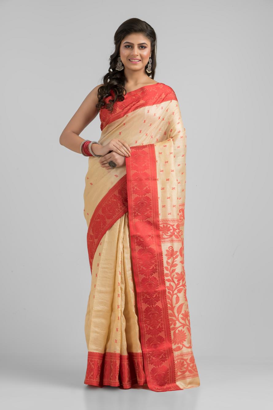 Beige  Pure Tussar Silk Buti Work Saree