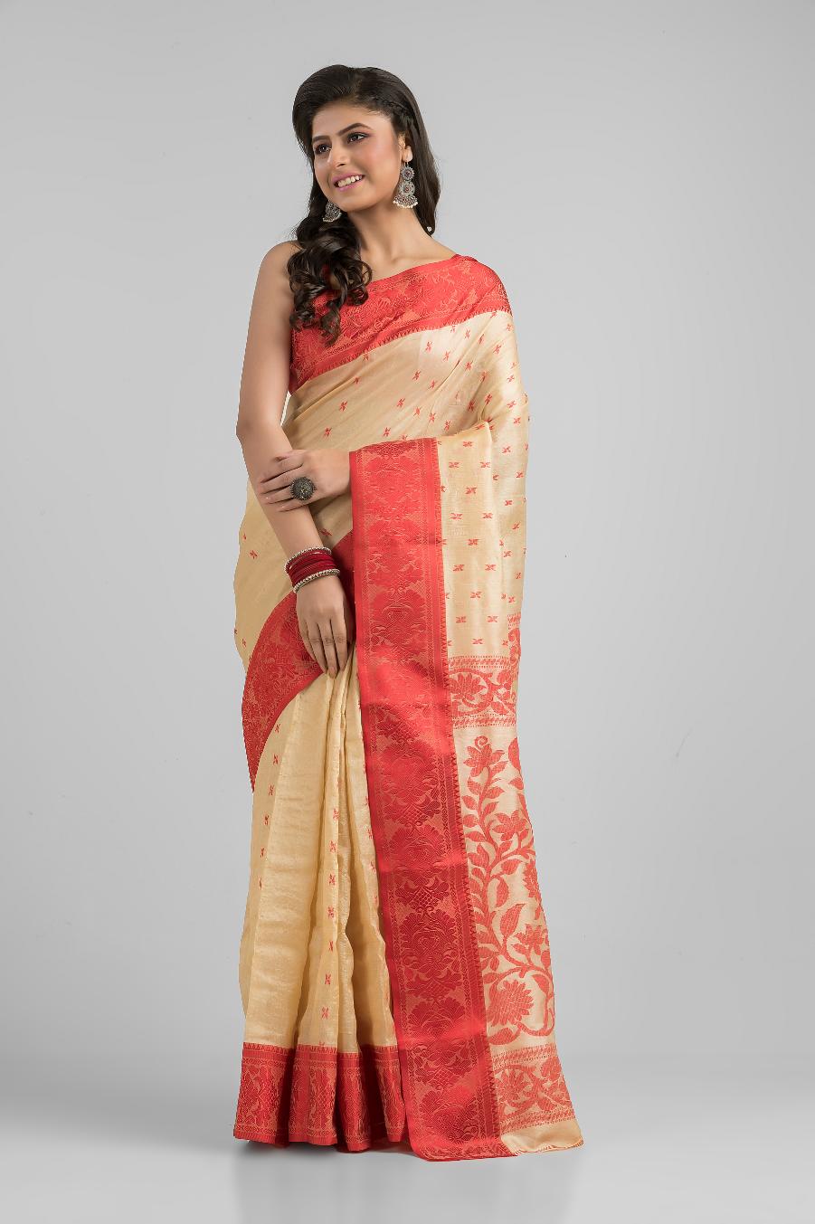 Beige  Pure Tussar Silk Buti Work Saree