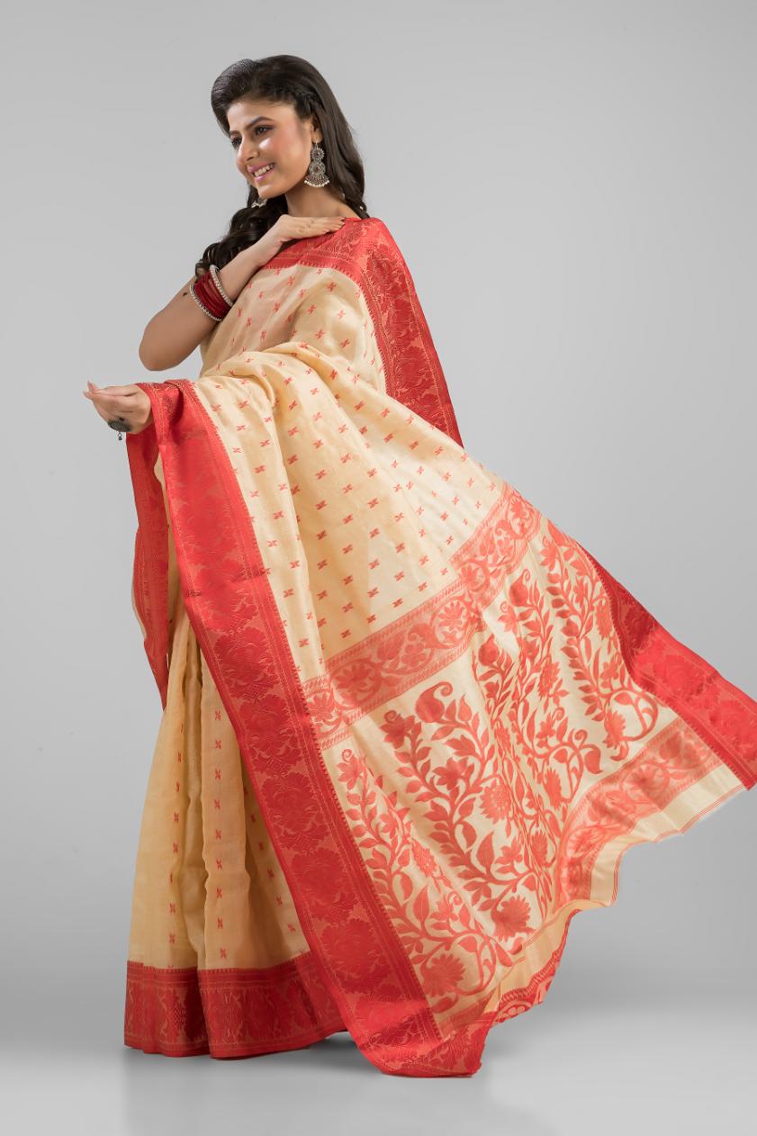 Beige  Pure Tussar Silk Buti Work Saree