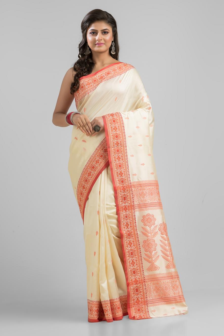 Off White Pure Tussar Silk Buti  Work Saree