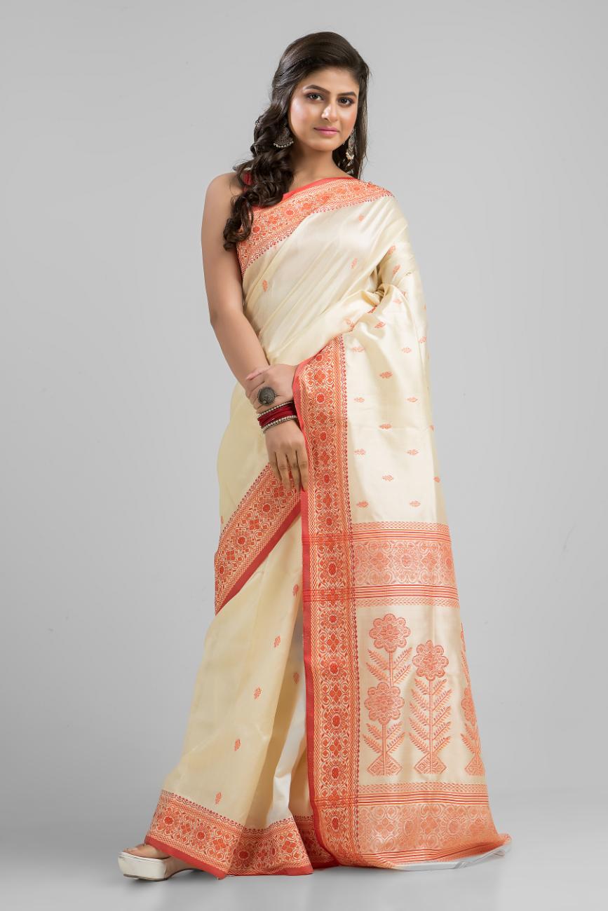 Off White Pure Tussar Silk Buti  Work Saree