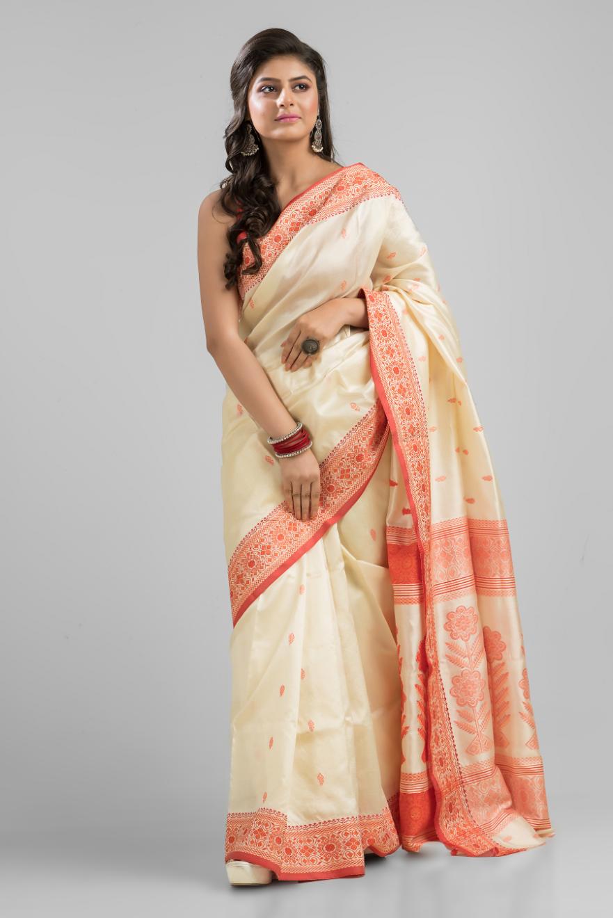 Off White Pure Tussar Silk Buti  Work Saree