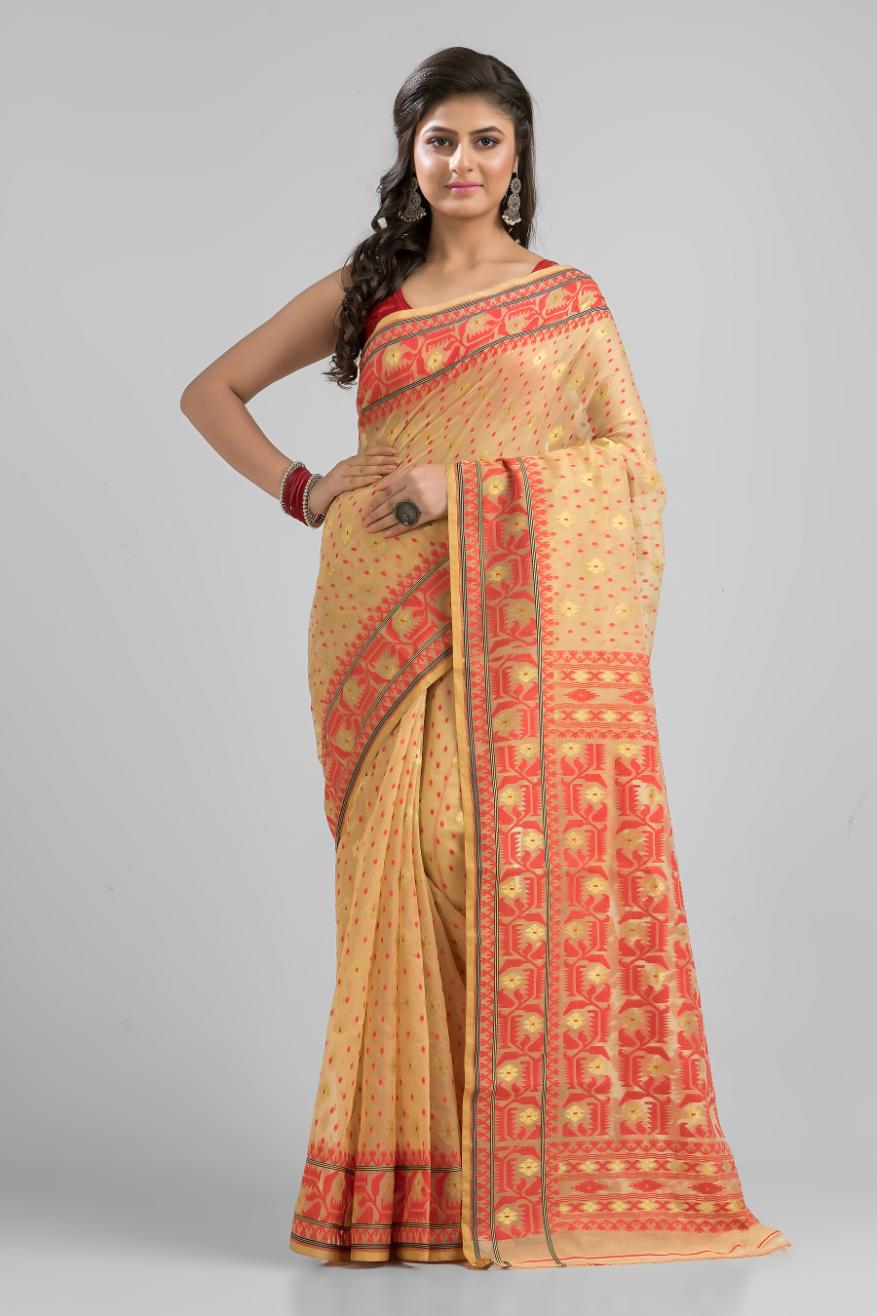 Beige  Blended Silk Jamdani Saree