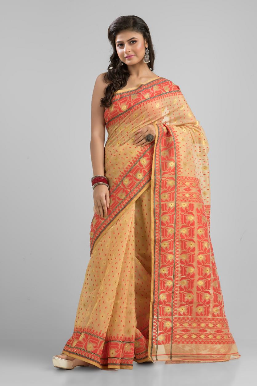 Beige  Blended Silk Jamdani Saree