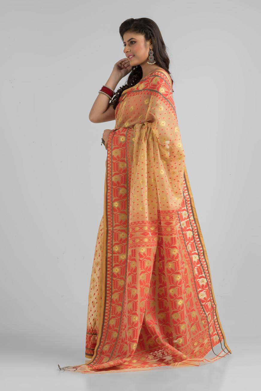 Beige  Blended Silk Jamdani Saree