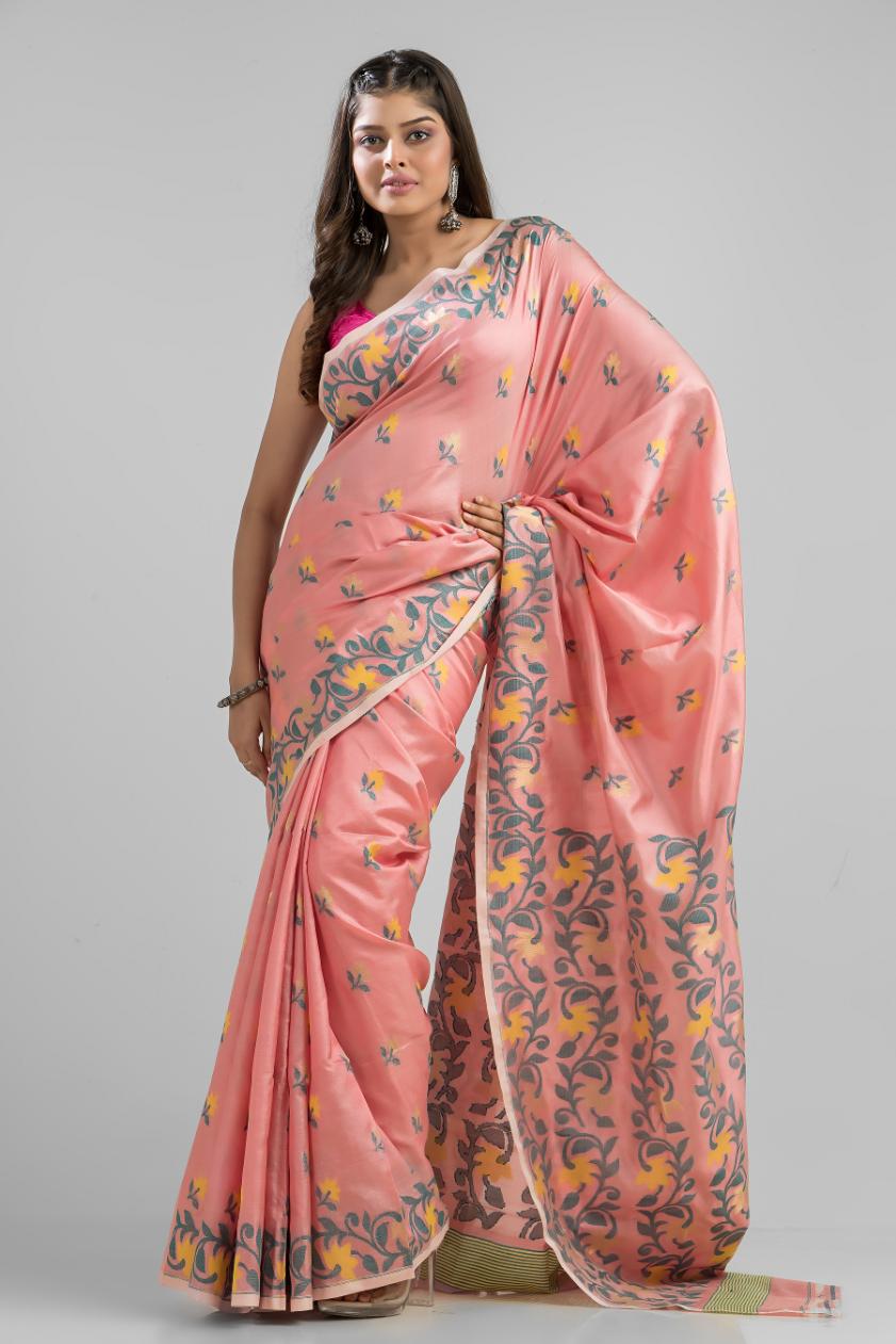 Pink Pure Mulbery Silk Floral Hand Woven Saree