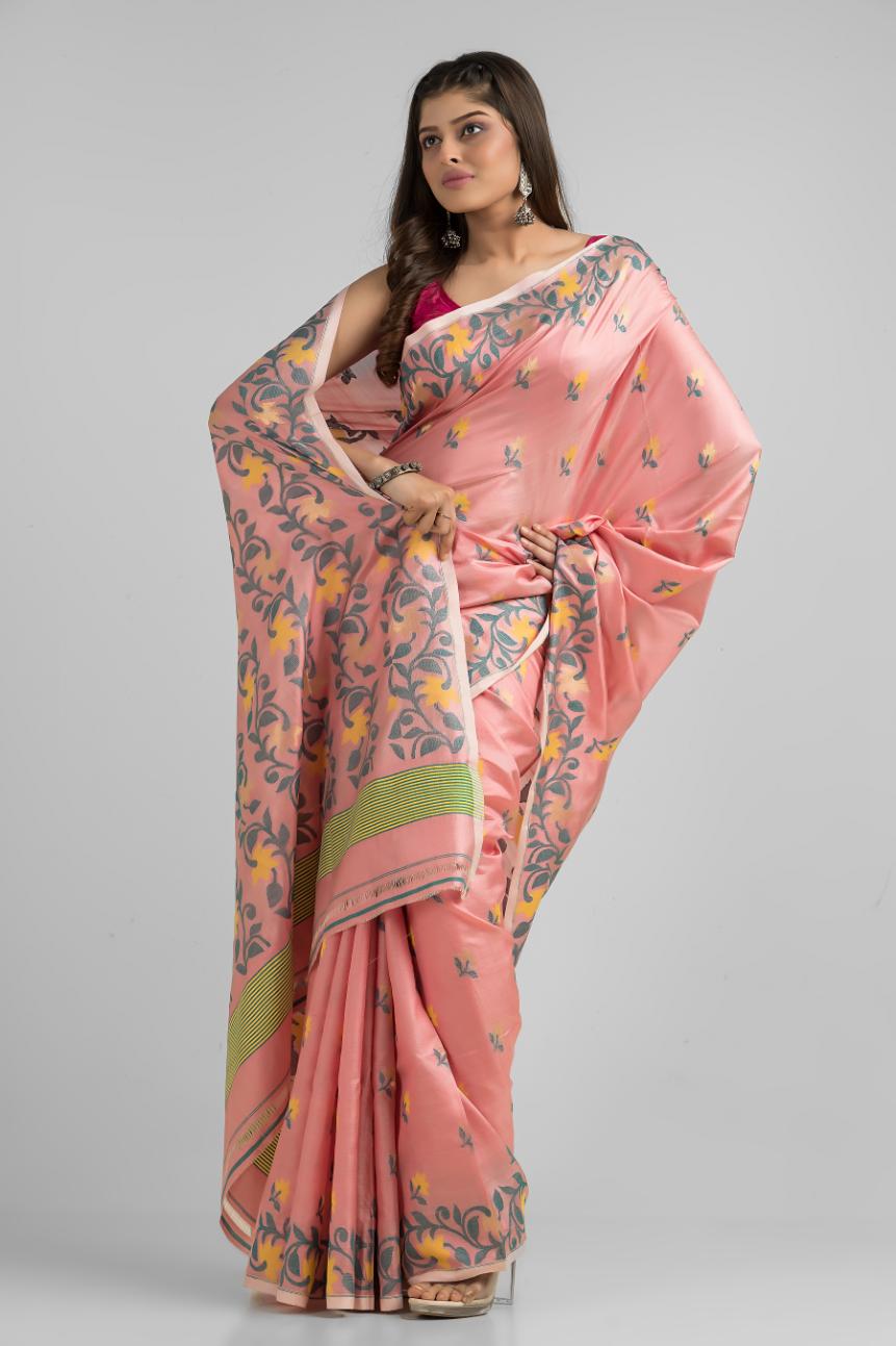 Pink Pure Mulbery Silk Floral Hand Woven Saree