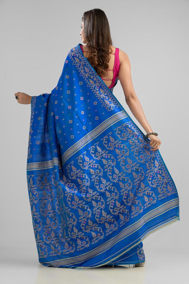 Blue Pure Mulbery Silk Floral Hand Woven Saree