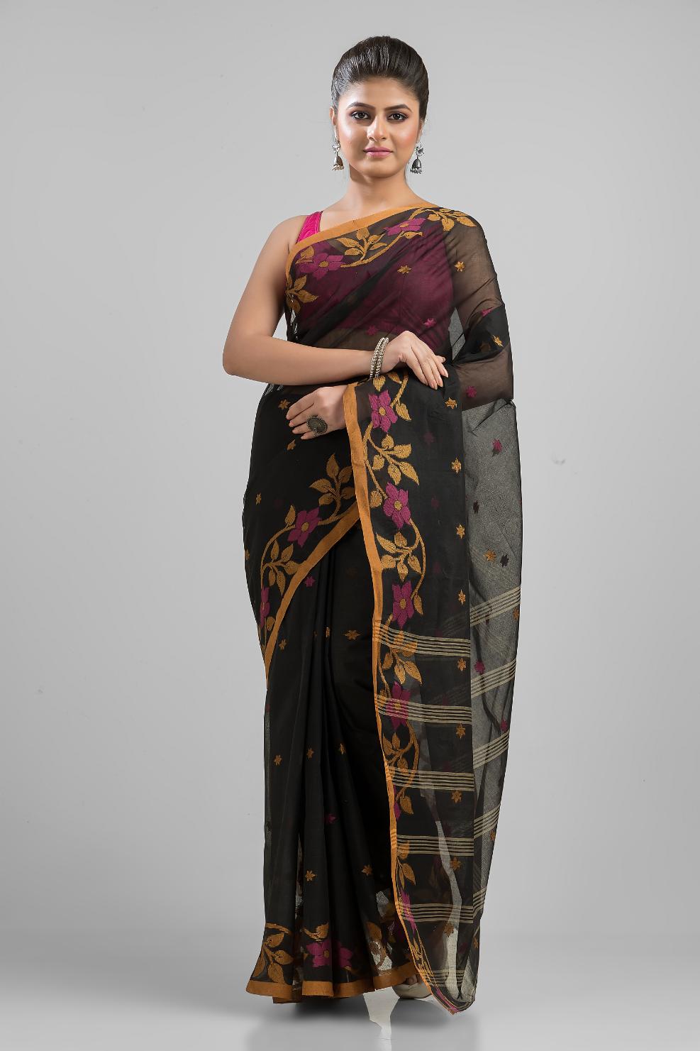 Black Pure Cotton Handloom Tant  Saree