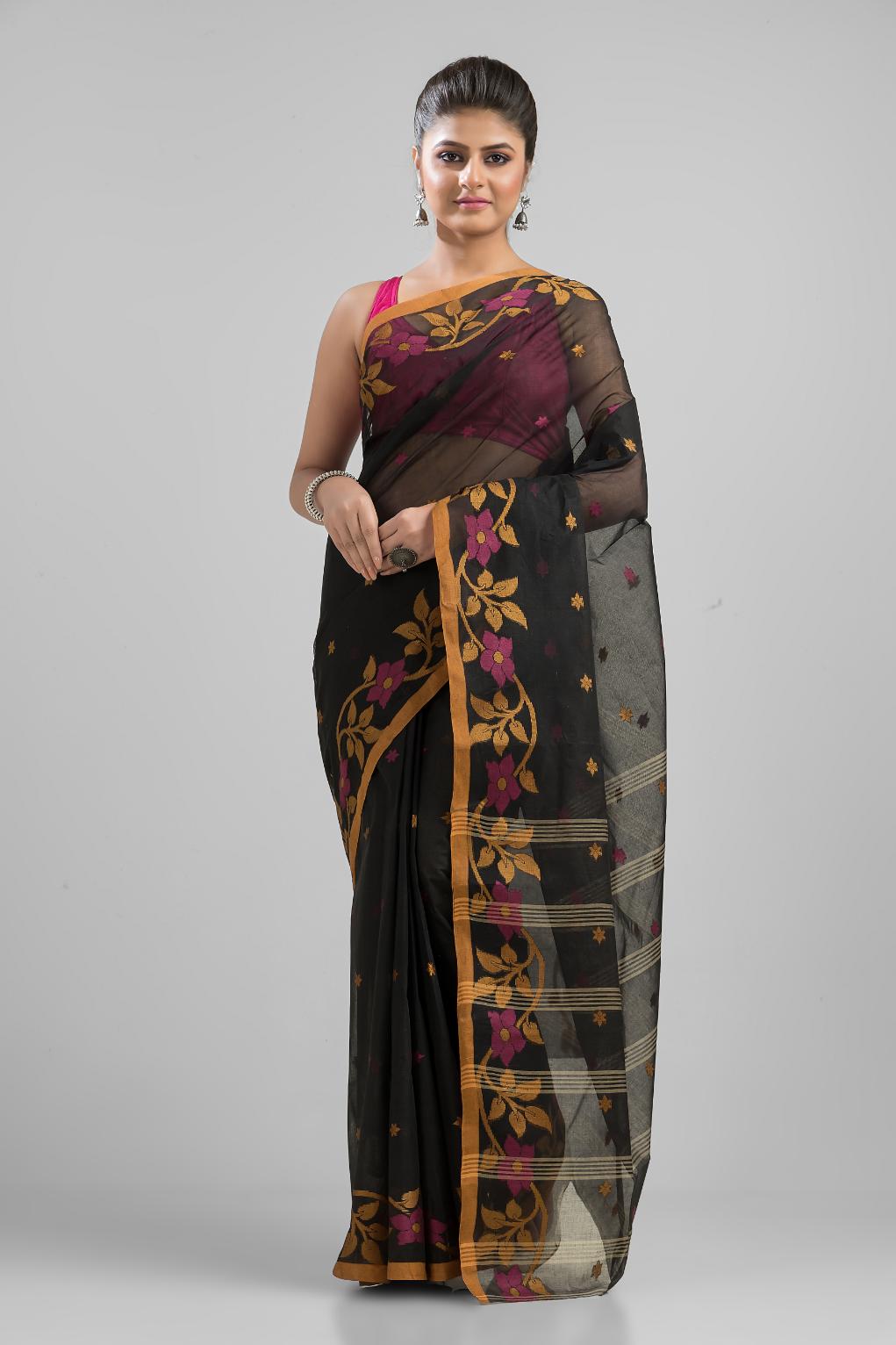 Black Pure Cotton Handloom Tant  Saree