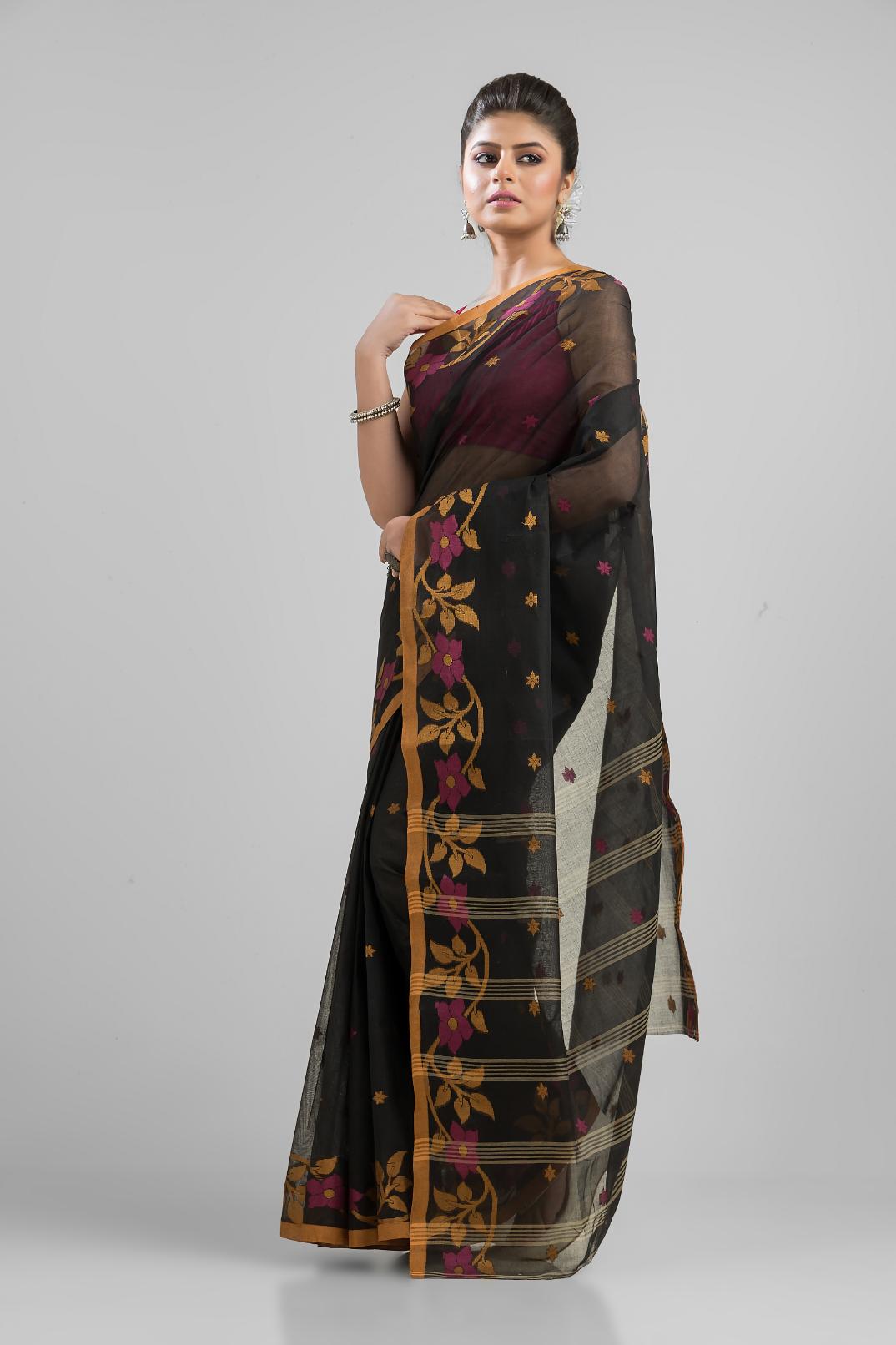 Black Pure Cotton Handloom Tant  Saree