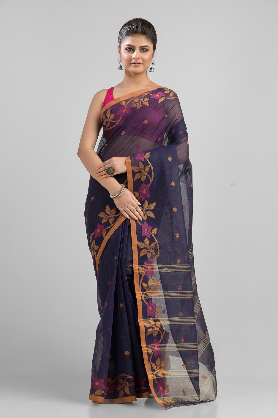 Blue  Pure Cotton Handloom Tant  Saree