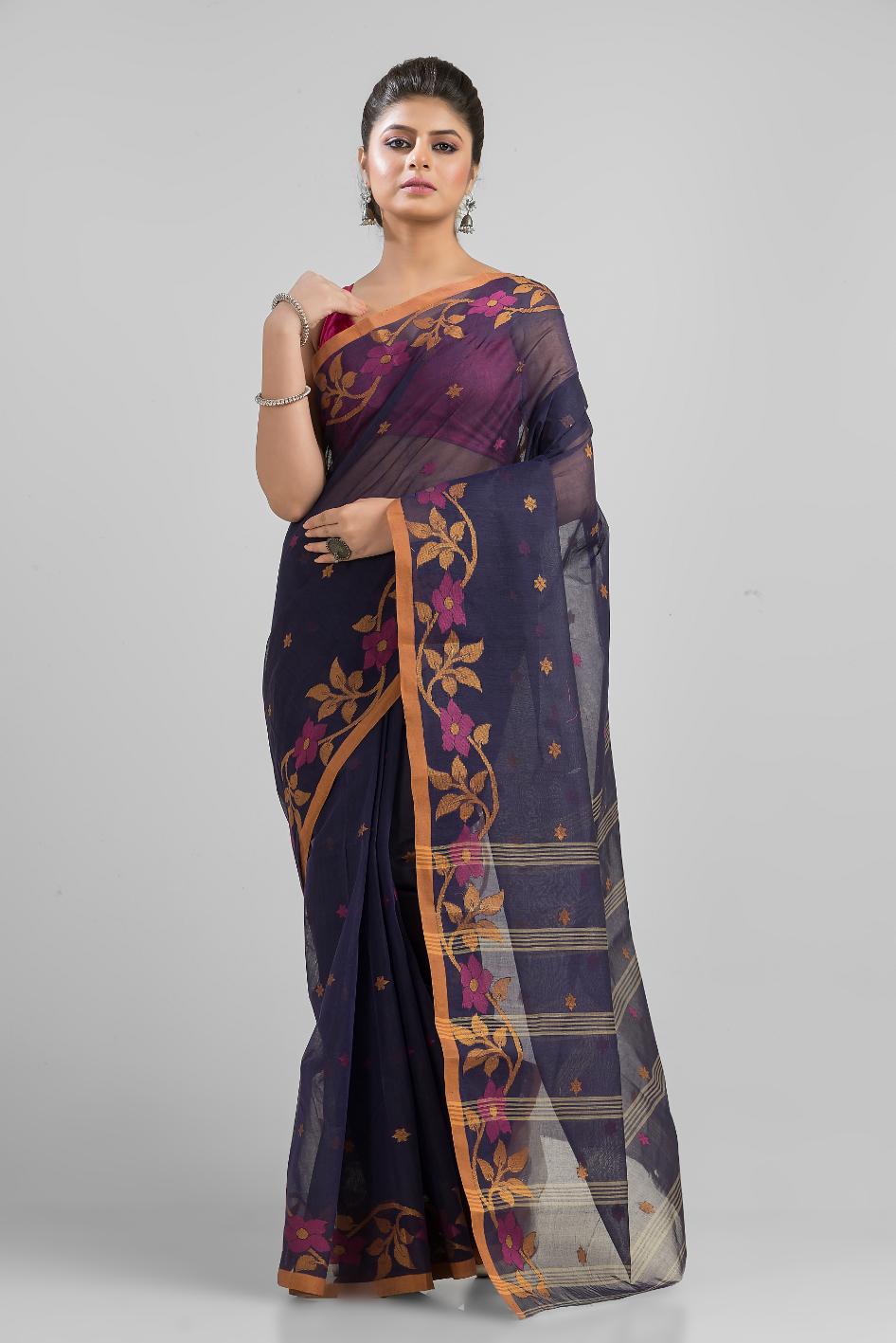 Blue  Pure Cotton Handloom Tant  Saree