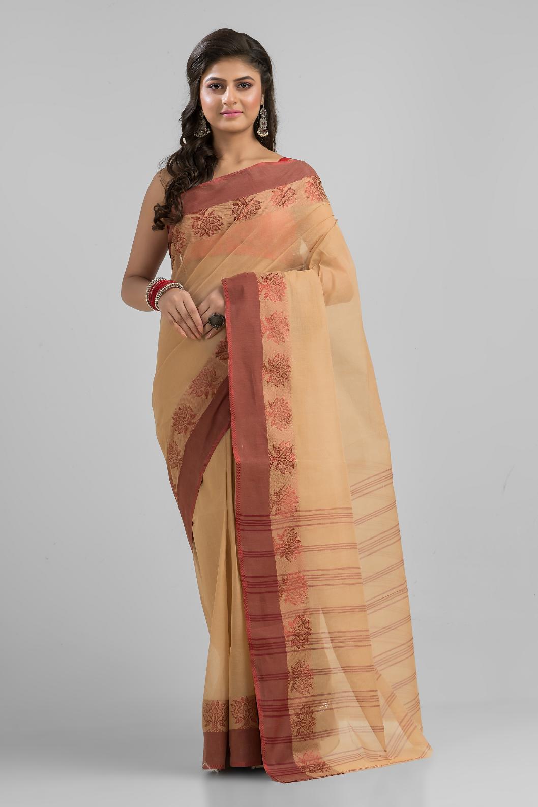 Beige  Pure Cotton Handloom Tant  Saree