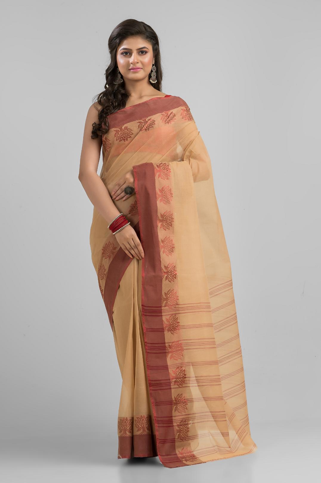 Beige  Pure Cotton Handloom Tant  Saree