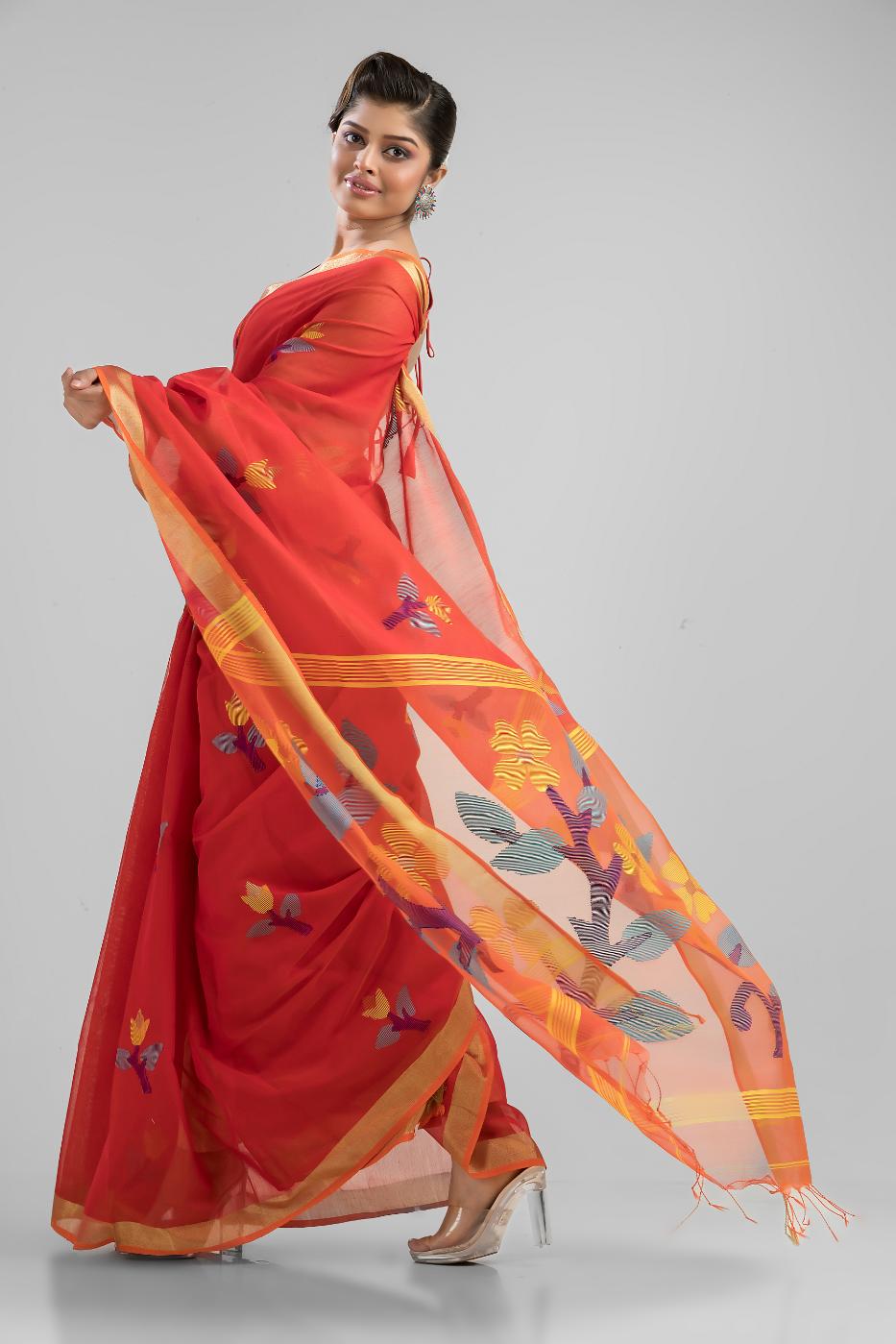 Red Silk Cotton Buti Work Saree