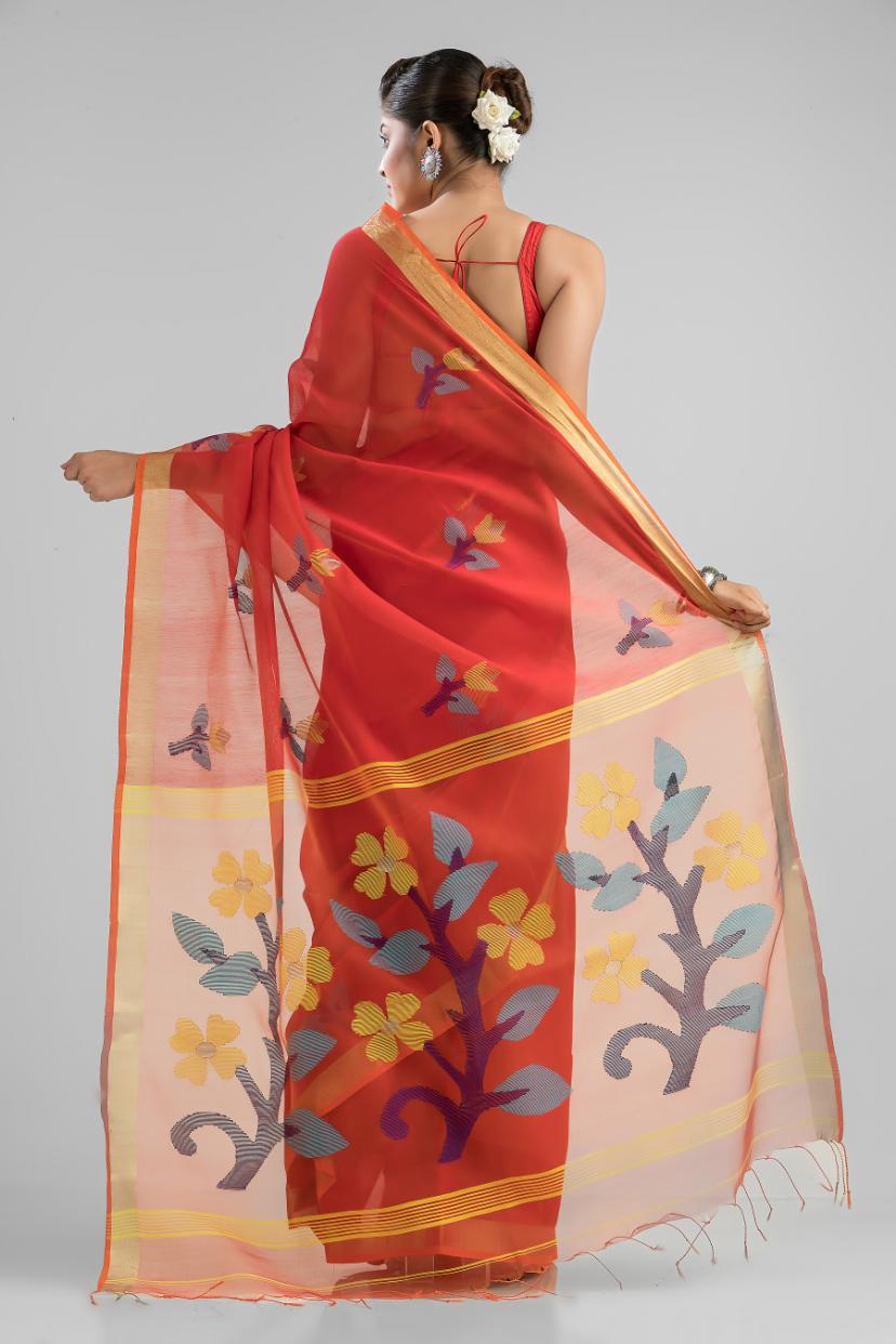 Red Silk Cotton Buti Work Saree