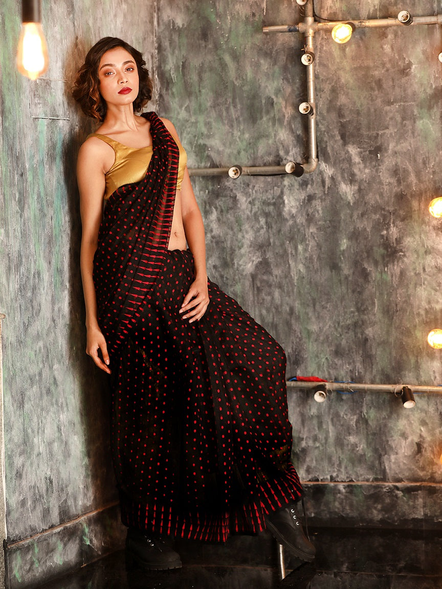 Black Hand woven Jamdani Saree With Red Butta