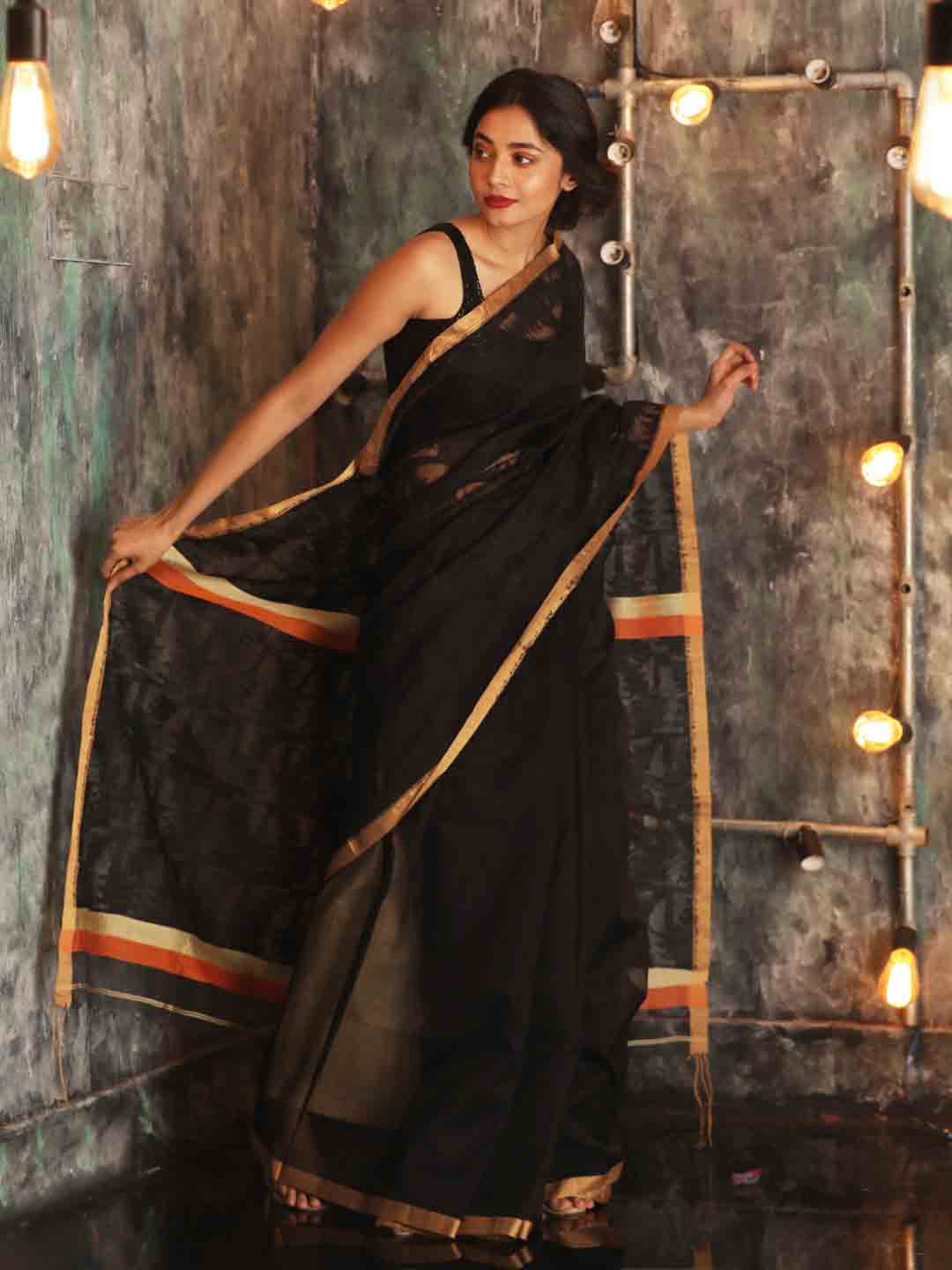 Black Hand woven Matka Silk Saree With Woven Work
