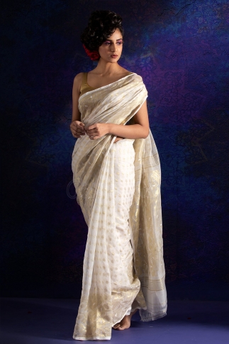 White with Golden Zari Work Hand Woven Silk Cotton Dhakai Jamdani Saree