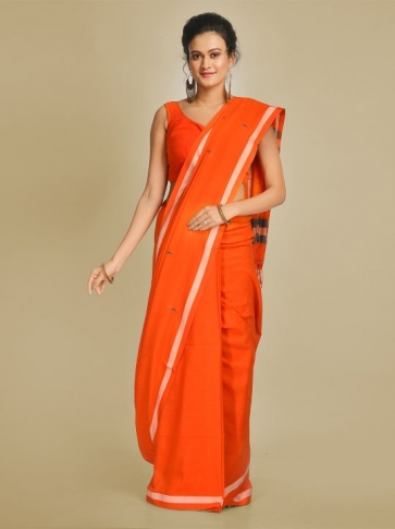 Orange pure Handspun Cotton Hand woven saree