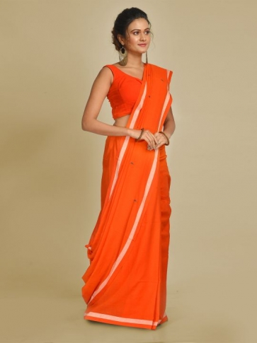 Orange pure Handspun Cotton Hand woven saree 0