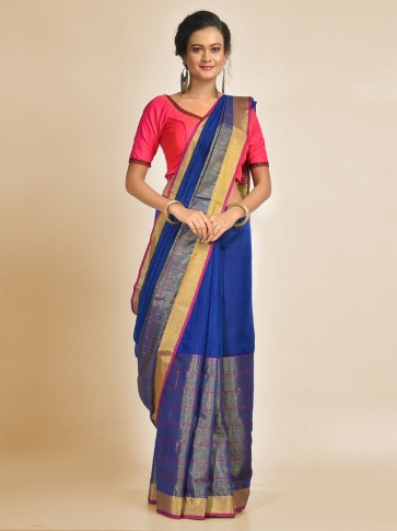 Blue Art Silk and Cotton Blended Hand woven saree with  zari