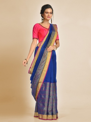 Blue Art Silk and Cotton Blended Hand woven saree with  zari 0