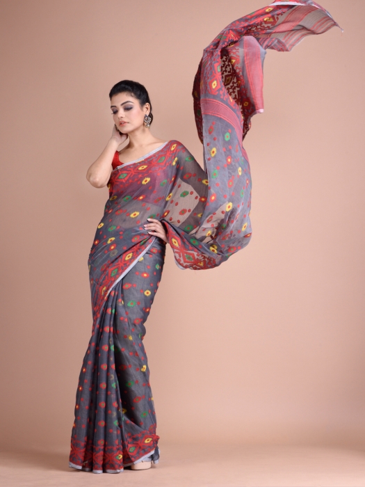 Grey and Multicoloue Cotton Blended Hand woven soft Jamdani saree