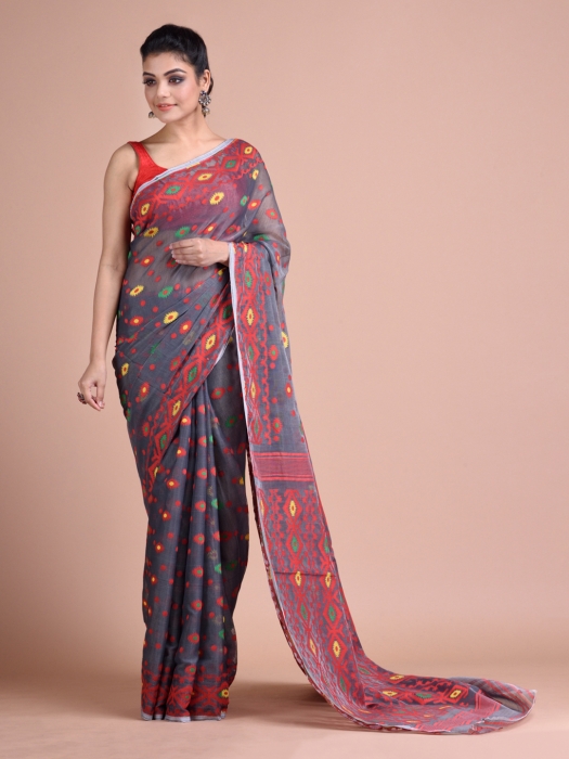 Grey and Multicoloue Cotton Blended Hand woven soft Jamdani saree 0